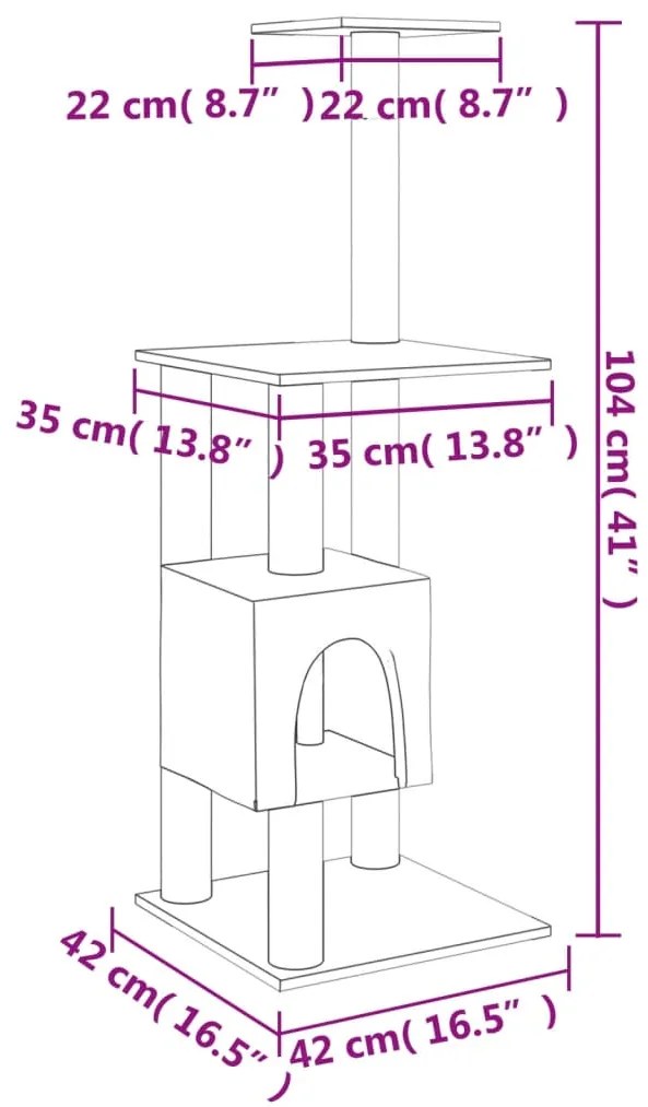 Árvore p/ gatos c/ postes arranhadores sisal 104 cm cinza-claro