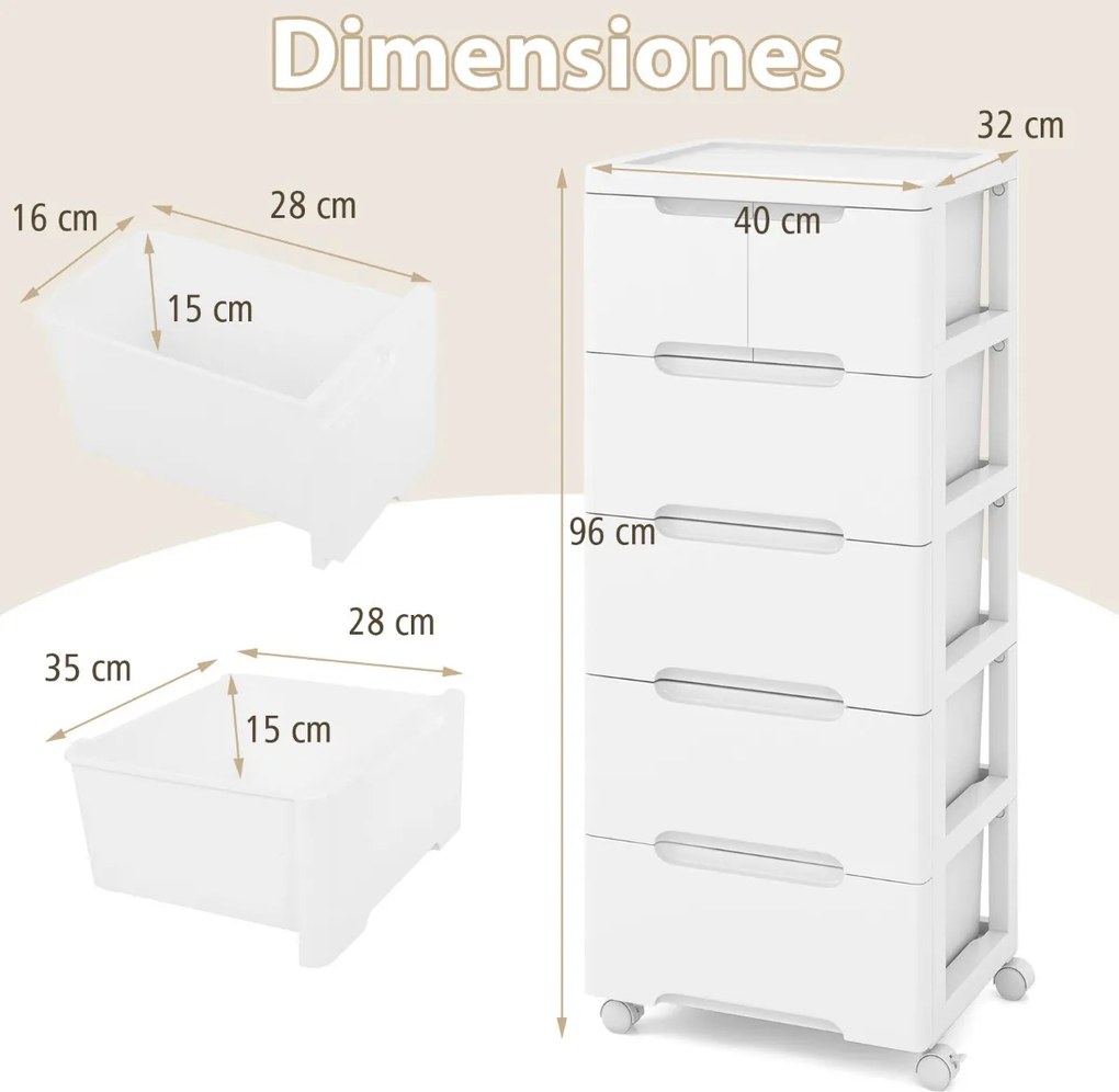 Armário de armazenamento 40 x 32 x 96 cm com 5 gavetas Rodas universais e traváveis Recipiente de armazenamento de plástico branco