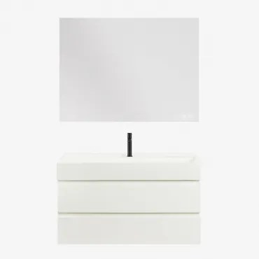 Conjunto De Móvel De Casa De Banho Suspenso Em Madeira E Folha De Freixo Com Lavatório Integrado Ona Branco & Retangular Led - Sklum