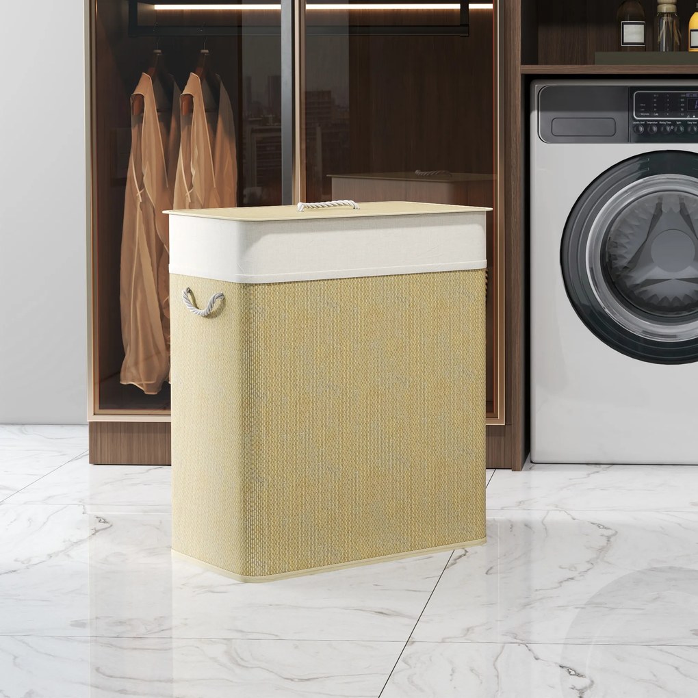 Cesto de roupa suja duplo com tampa 52 x 32 x 63 cm, cesto de roupa suja em bambu de 100 L com alças de corda creme