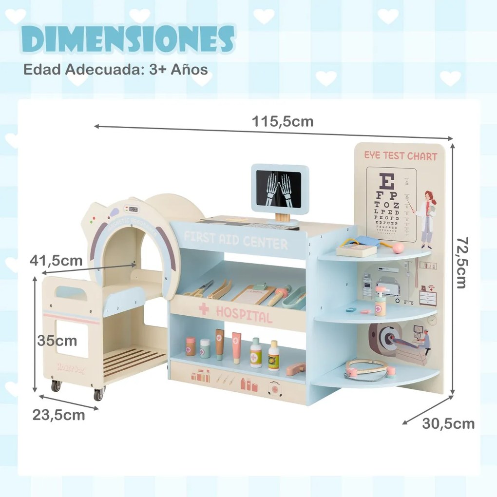 Conjunto de brincar aos médicos para crianças 115,5 x 30,5 x 72,5 cm com acessórios oftalmológicos e lâminas intercambiáveis para idades a partir dos