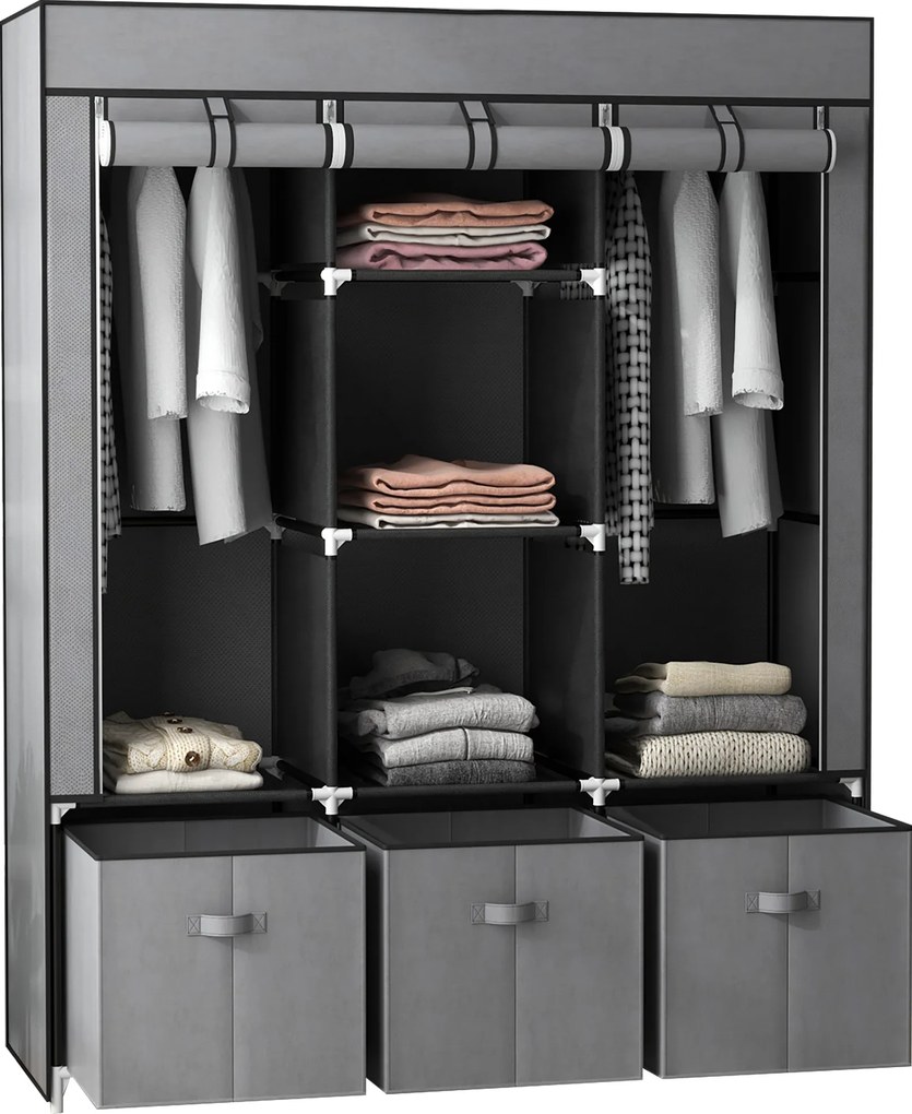 Guarda Roupa dobrável em tecido com 5 prateleiras, 2 varões e 3 gavetas em tecido 125 C x 43 L x 162,5 A cm Cinzento