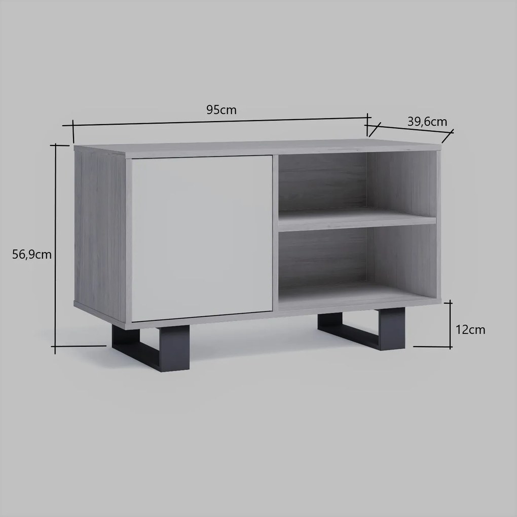 Móvel de TV 100 com porta esquerda, sala de estar/jantar, modelo WIND, cor da estrutura Cinzento antracite, cor da porta Carvalho, medidas 95x40x57cm