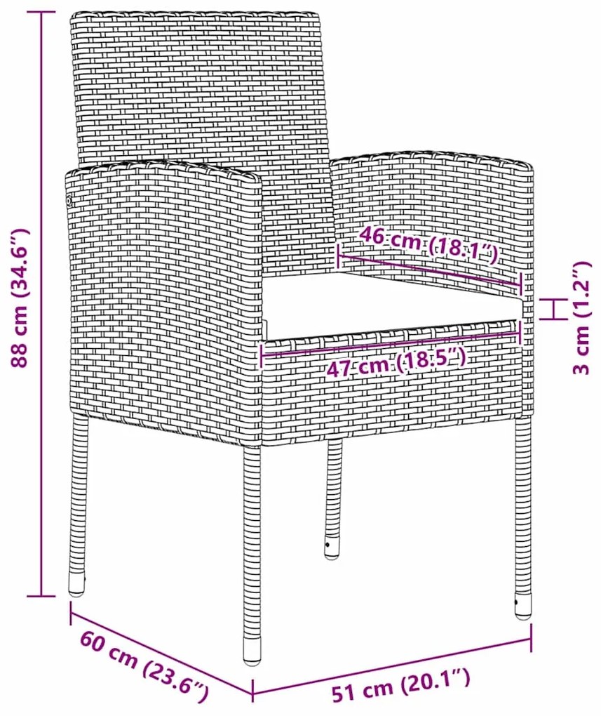 Conjunto de Jantar de Jardim de 3 Peças com Almofadas - Preto Polyratt