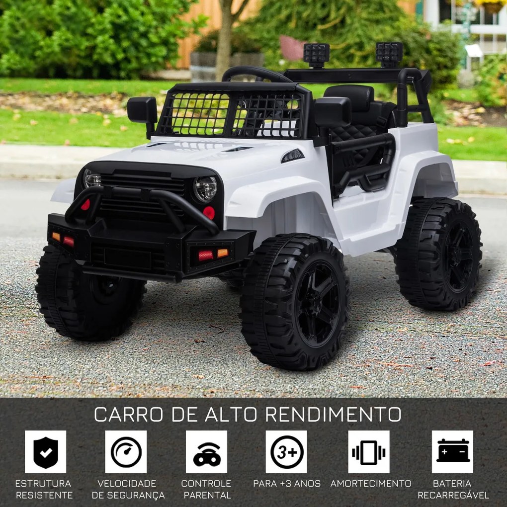 Carro Elétrico para Crianças acima de 3 anos Carro de Bateria 12V com 2 Motores Controle Remoto 2.4G Luzes Música MP3 e Rádio 99,2x66,6x66,6cm Branco