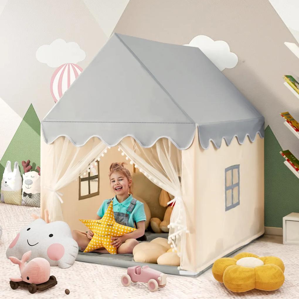 Tenda Casa de Bonecas para Crianças Casa Pequena com Tenda Tapete de Algodão com Porta Janela Castelo Brinquedo para Crianças 120 x 105 x 140 cm Bege