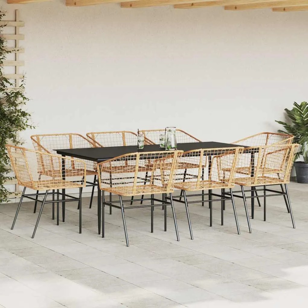 Conjunto jantar jardim 9 peças vidro vime PE castanho