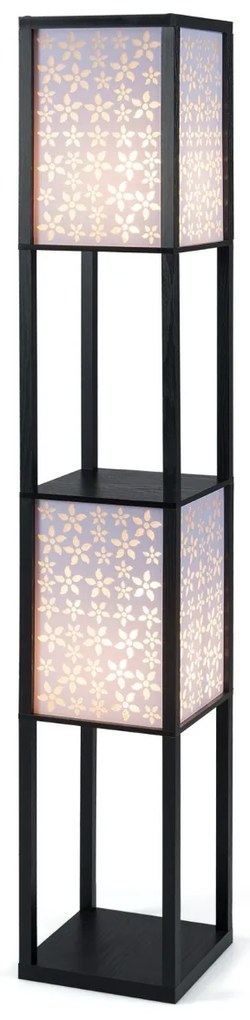 Candeeiro de pé e prateleiras de madeira 26 x 26 x 156 cm com 2 abajures com padrões recortados Luz independente com puxador e interruptor preto