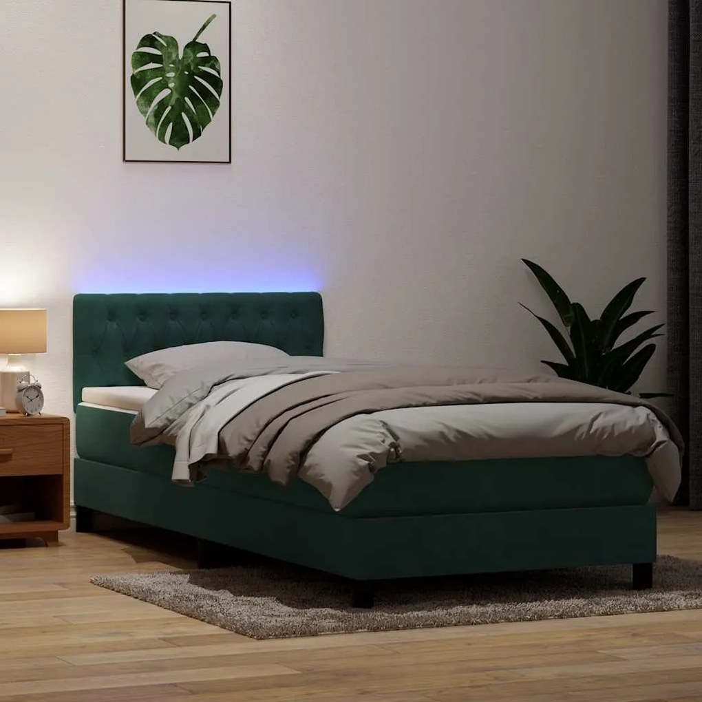 vidaXL Cama box spring c/ colchão e LED verde-escuro 80x220 cm veludo
