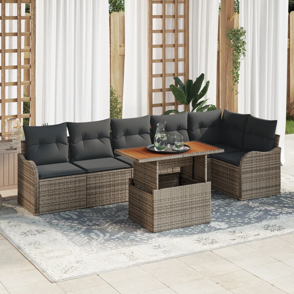 Conjunto de Sofá vidaXL de 7 Peças para Jardim com Almofadas de Polirattan Cinza