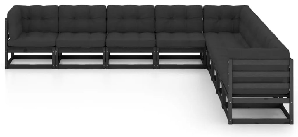 9pcs conjunto longue de jardim c/ almofadões pinho maciço preto