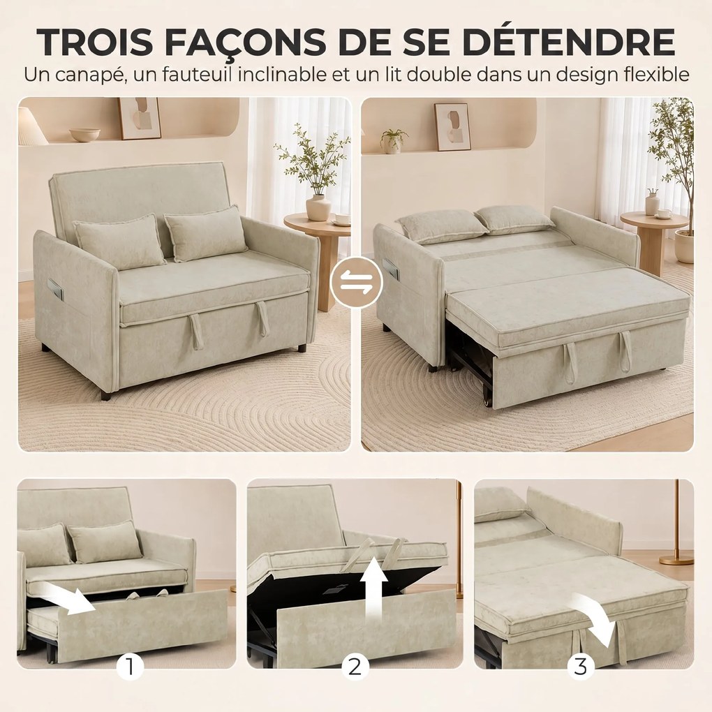 Sofá-cama de 2 lugares pequeno 125 (L) x 91 (P) x 94 (A) cm, sofá-cama 3 em 1 em chenille com encosto ajustável, assento largo, 2 almofadas, creme