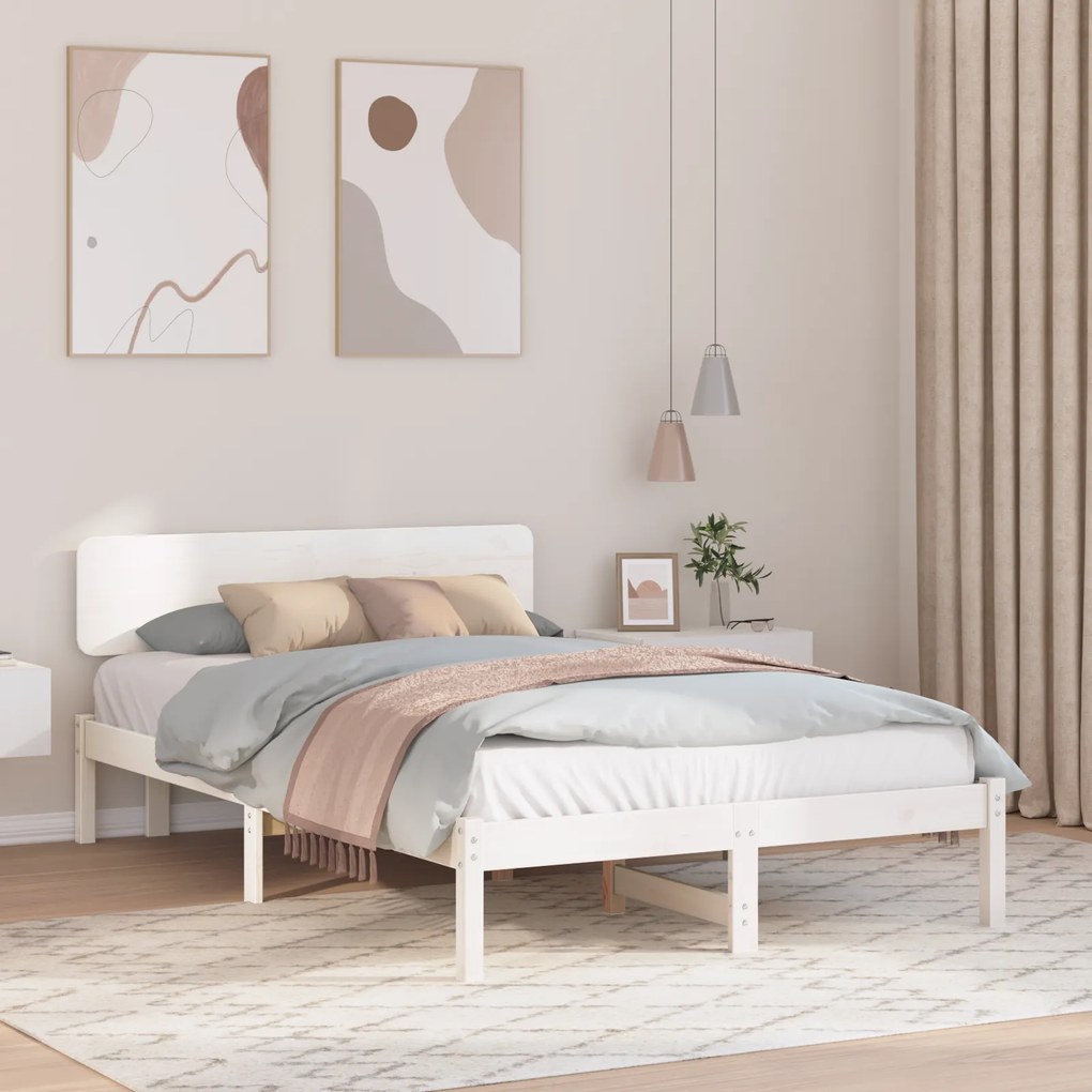 vidaXL Estrado de Cama com Cabeceira Branca 140x190 cm Madeira de Pinho Maciça