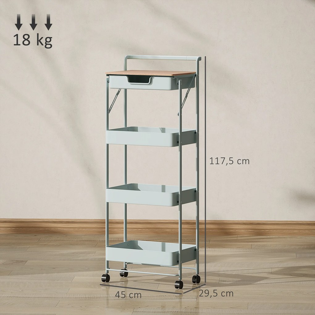 Carrinho de arrumação com rodas 45 x 29,5 x 117,5 cm, 4 níveis, com gaveta, tabuleiro e cestos, verde