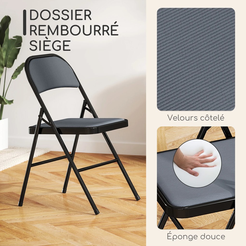 Conjunto de 4 cadeiras dobráveis (MESA NÃO INCLUIDA), cadeiras de jantar portáteis, estrutura em aço, 45 x 46 x 78 cm, cinzentas