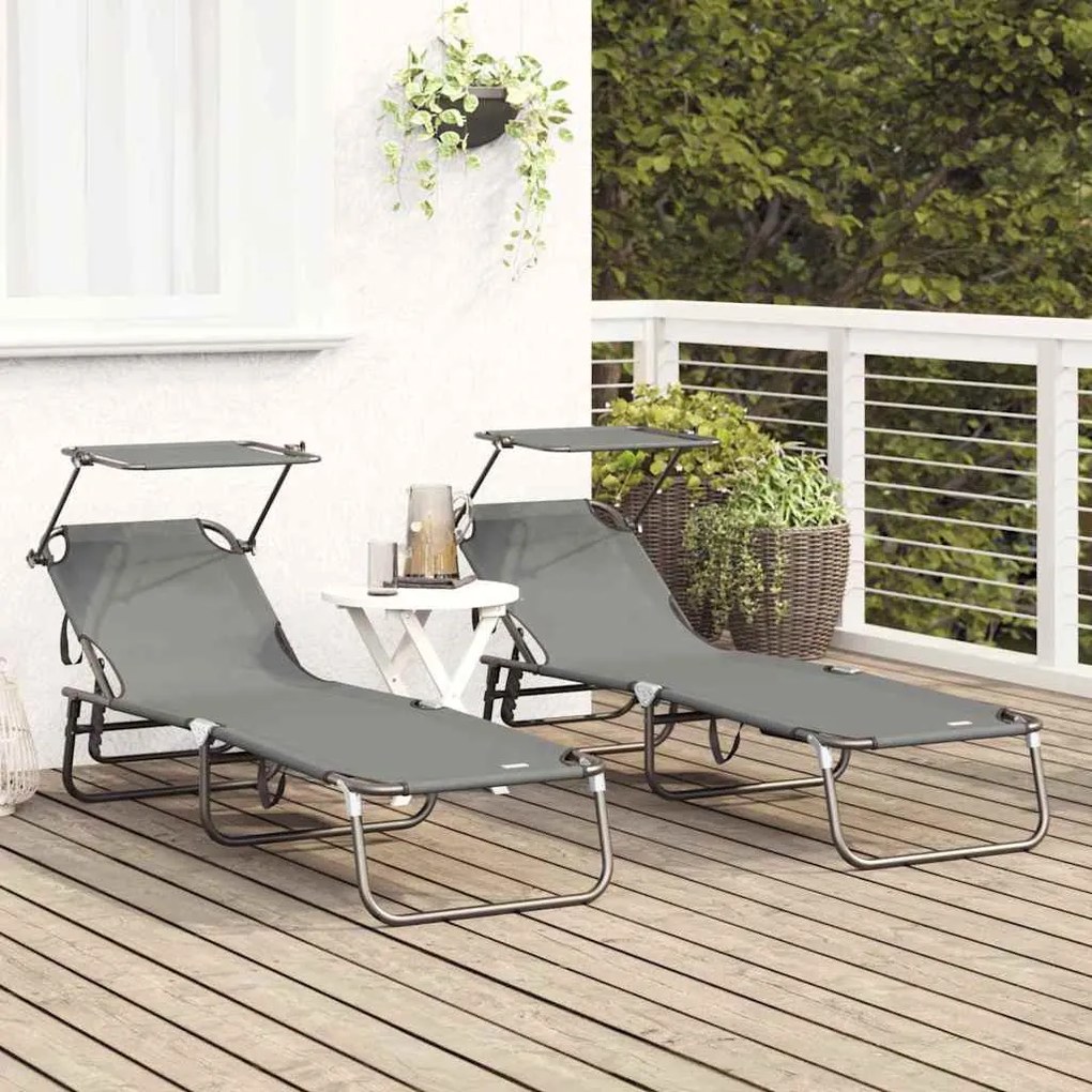 Espreguiçadeiras Dobráveis 2 pcs com Teto Cinza Tecido Oxford 600D