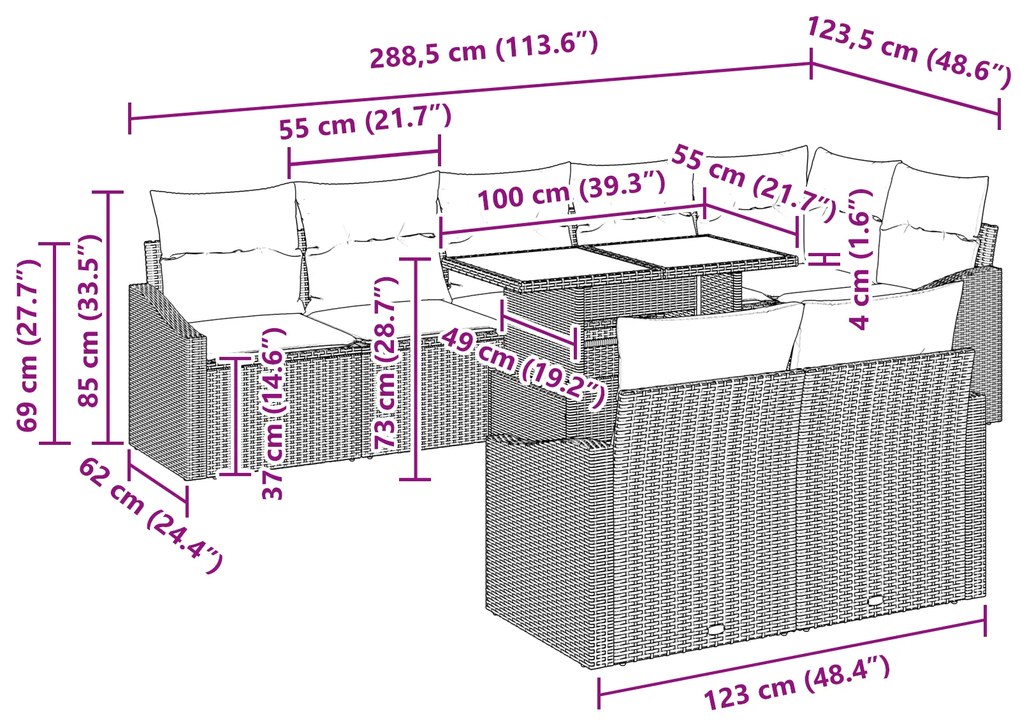 Conjunto de Sofá de Jardim 9 Peças com Almofadas Bege em Rattan Sintét