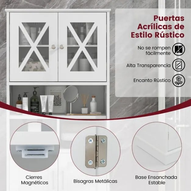 Armário multifuncional de casa de banho ou cozinha 60 x 30 x 145 cm com portas e 3 cubos e com estantes ajustáveis Branco
