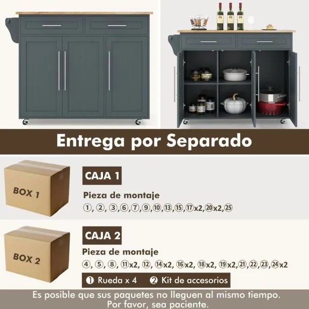 Carrinho de cozinha com rodas 121,5 cm x 45,5 cm x 92,5 cm, 2 gavetas, 2 armários, ilha de cozinha com rodas, porta-toalhas, facas, prateleira ajustáv