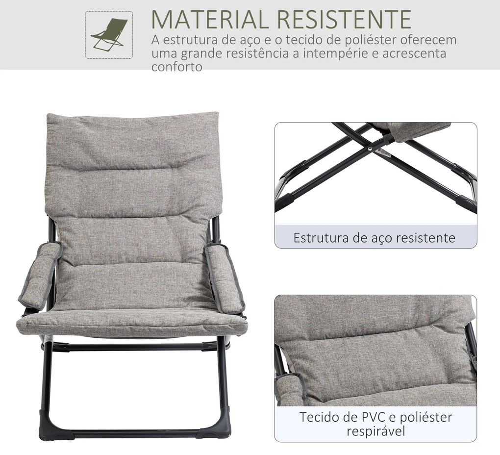 Cadeira de Campismo Dobrável Cadeira de Jardim Portátil com Almofada Acolchoada Removível e Apoio Aço 66x94x79cm Cinza