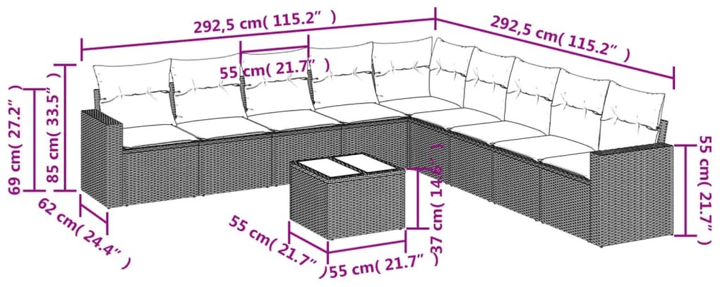 10 pcs conj. sofás jardim com almofadões vime PE castanho