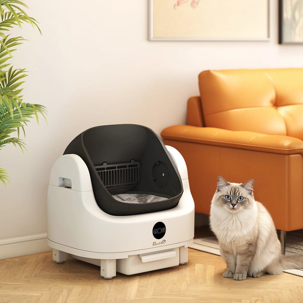 Caixa de areia autolimpante para gatos, automática, aberta, com isolamento de odores/proteção de segurança, branca