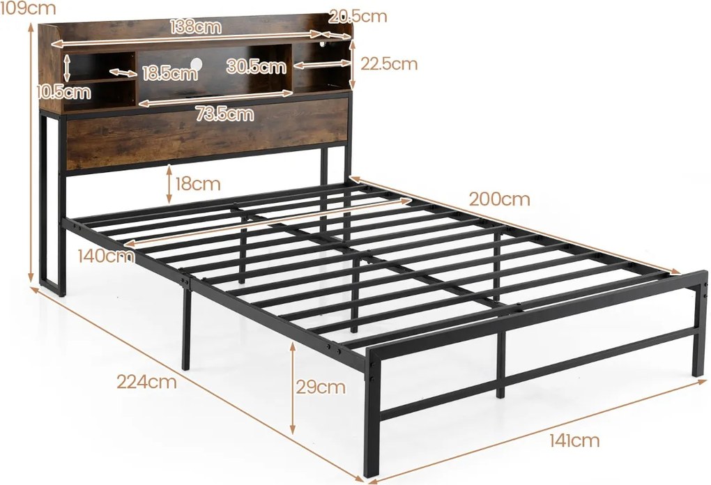 Estrutura cama 200 x 140 cm (COLCHÃO NÃO INCLUIDO) com Luzes LED e Estação de Carregamento 16 Cores 4 Modos Castanho Rústico e Preto