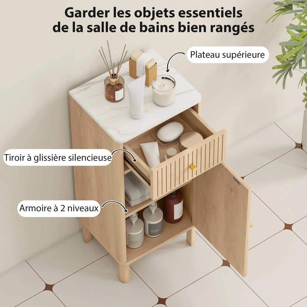Móvel de casa de banho 36 x 30 x 80 cm, móvel de arrumação com tampo com efeito de mármore e porta com ranhuras, gaveta cor carvalho