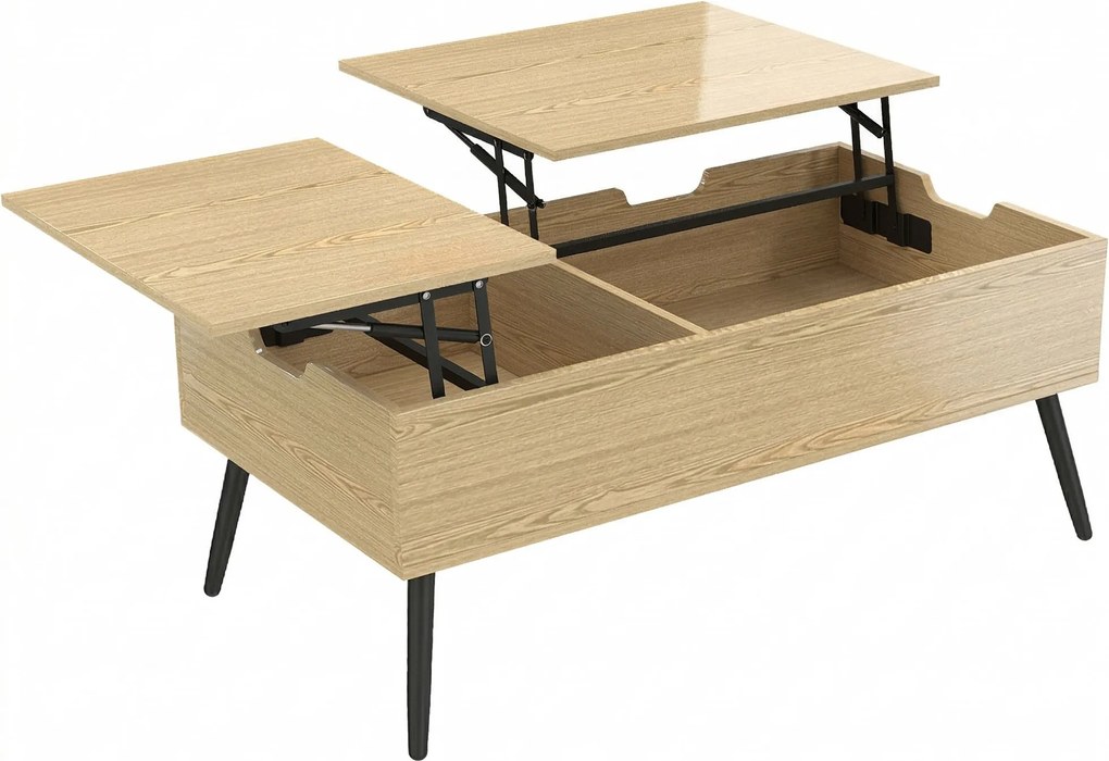HOMCOM Mesa de centro elevável com duplo tampo, mesa de sala com compartimento oculto e pés de metal, madeira natural | Aosom Portugal