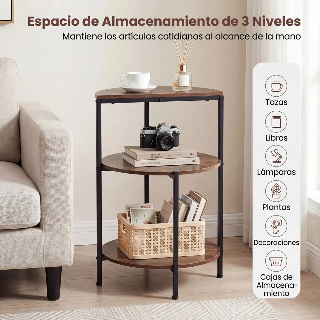Mesa apoio redonda com 3 estantes 43 x 43 x 63 cm, Estrutura metálica, ideal para o quarto, sala e espaços pequenos, em Castanho rústico