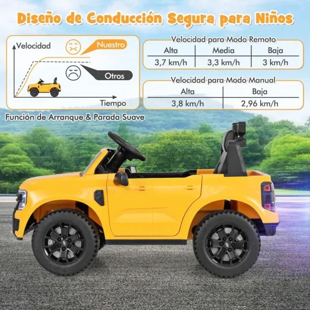 Carro elétrico infantil 12V com controle remoto Faróis LED Partida com um botão para crianças de 3 a 6 anos 64 x 105 x 60 cm Amarelo