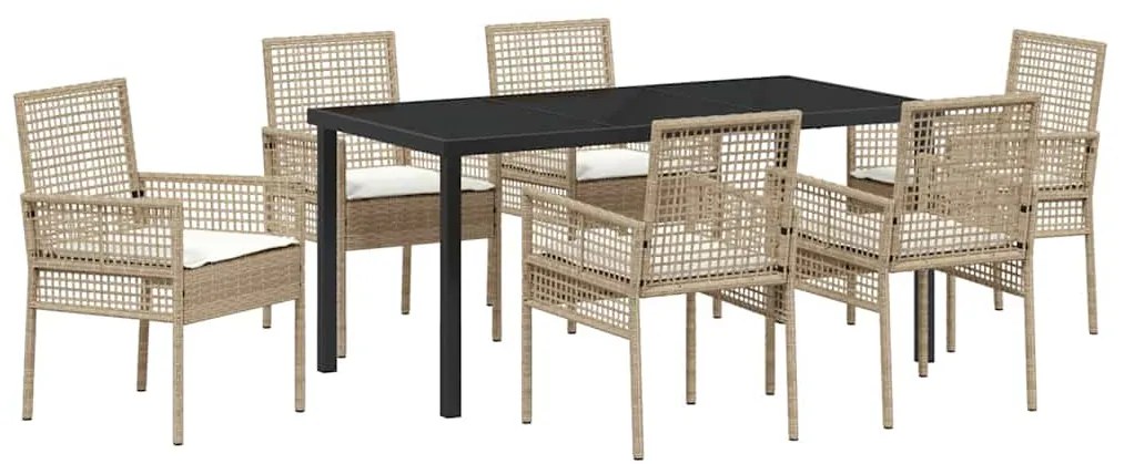 Conjunto de Jantar com 7 Peças e Almofadas Bege Rattan Sintético