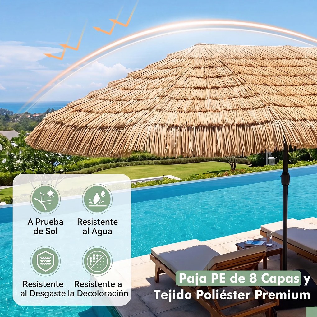 Guarda-sol Duplo para Jardim, 450 x 270 x 252 cm, Cobertura de Palha de PE, Castanho