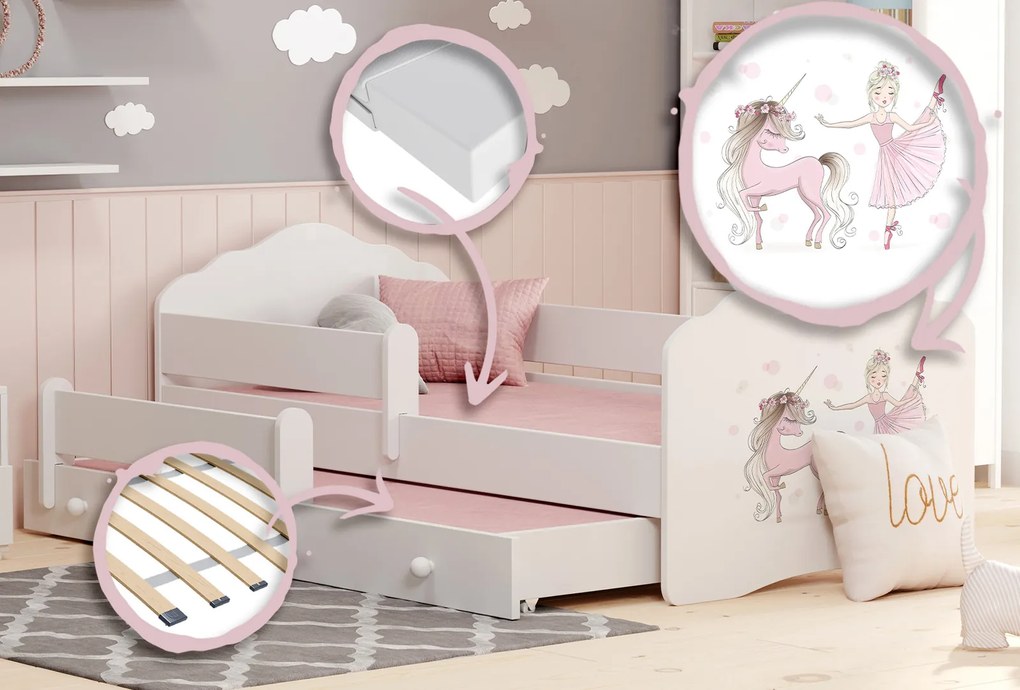 Cama infantil dupla branca 160x80 unicórnio e princesa -colchão e estrado incluído