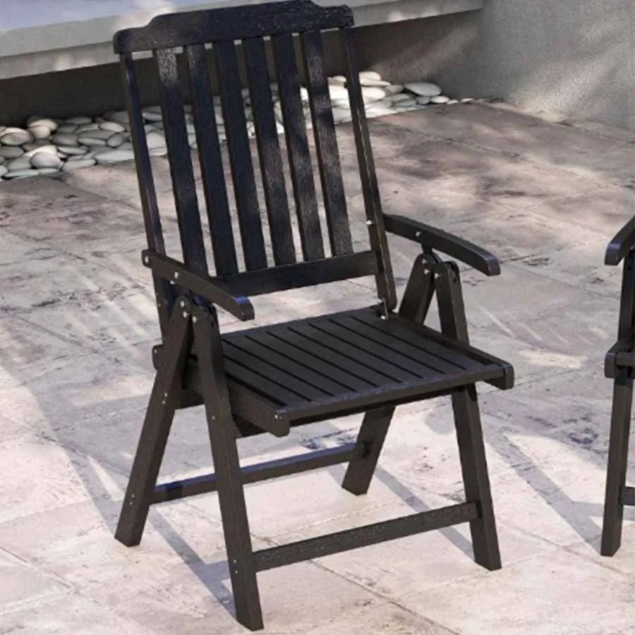 Cadeira dobrável para jardim em HDPE para todas as condições meteorológicas com apoios para os braços, encosto curvo e assento com ripas Preta