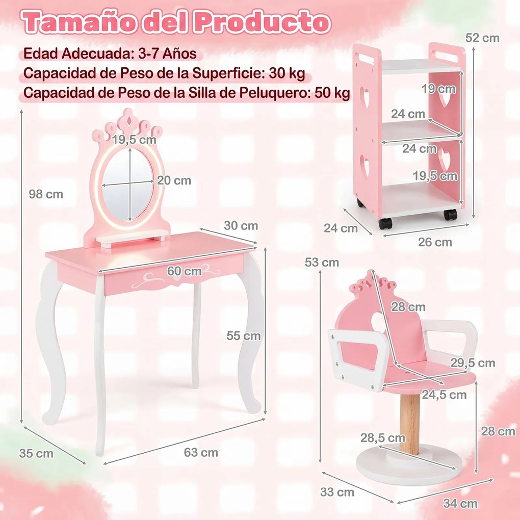 Conjunto de Toucador Infantil com Cadeira e Carrinho Auxiliar, 63 x 35 x 98 cm, Espelho com Iluminação LED de Três Tons, Rosa