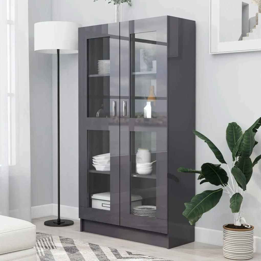 802767 vidaXL Armário vitrine 82,5x30,5x150 cm contraplacado cinza brilhante