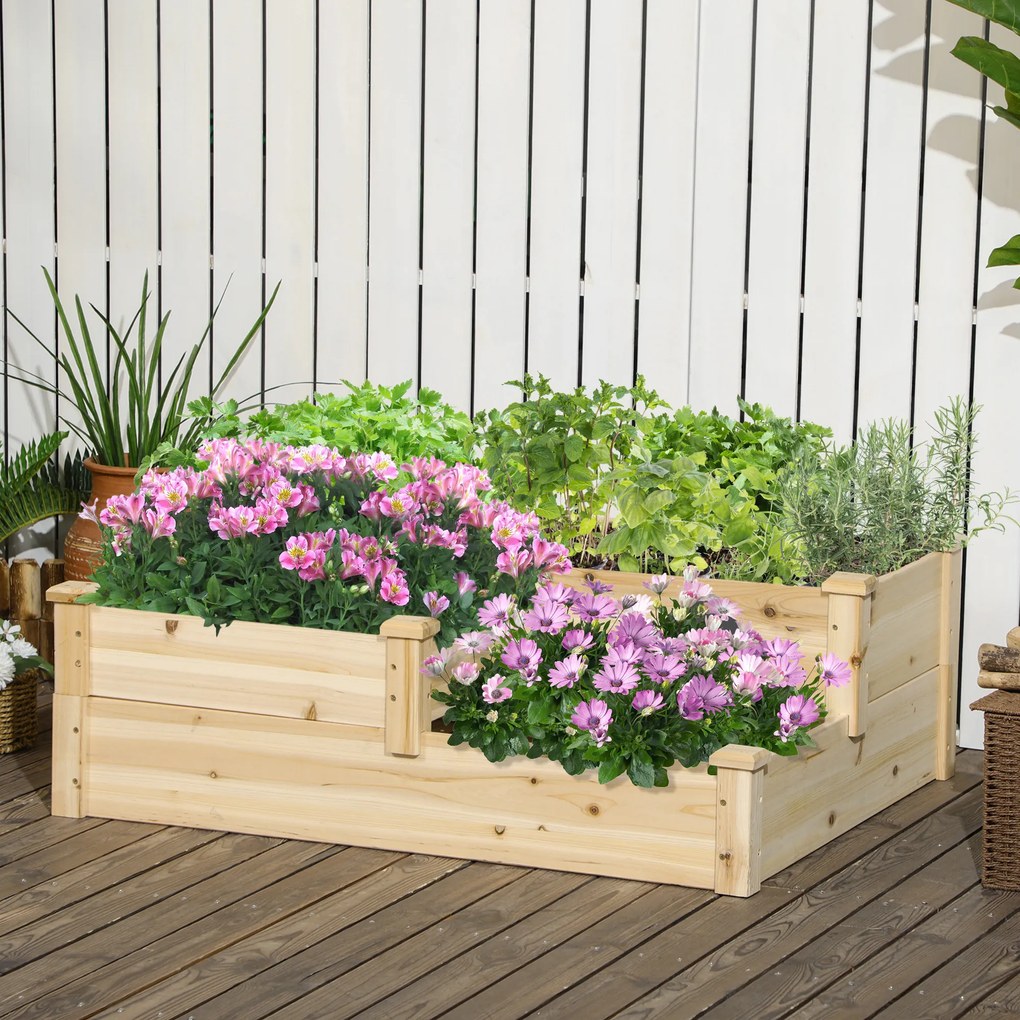 Floreira de madeira para horta 108 x 88 x 36 cm, floreira exterior em degraus com 3 níveis, design sem fundo, madeira natural