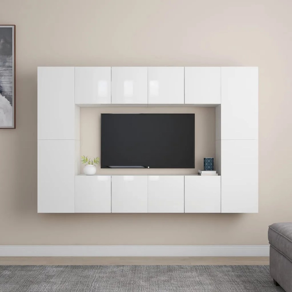 vidaXL 8 pcs conjunto de móveis de TV contraplacado branco brilhante