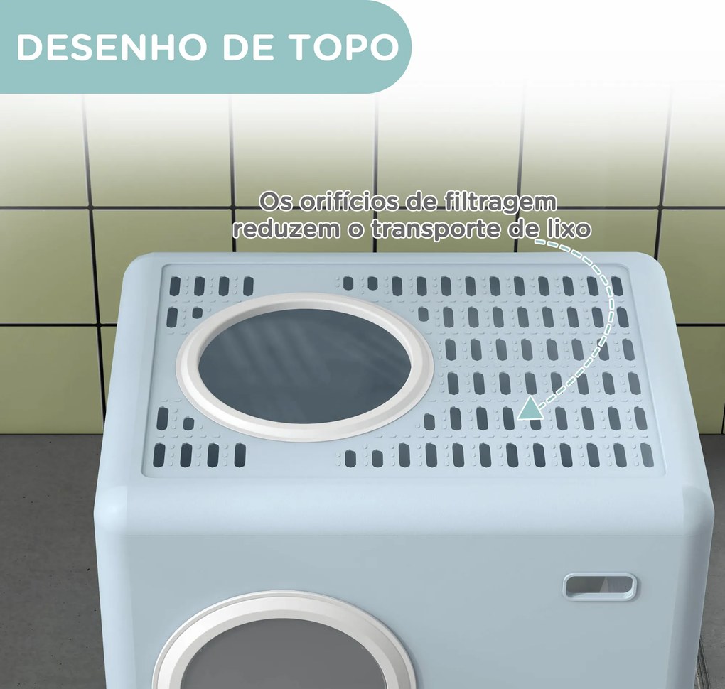 Caixa de Areia para Gatos com Pá Bandeja Removível 2 Portas Entrada Frontal e Saída Superior 52x41x38,5 cm Azul Claro