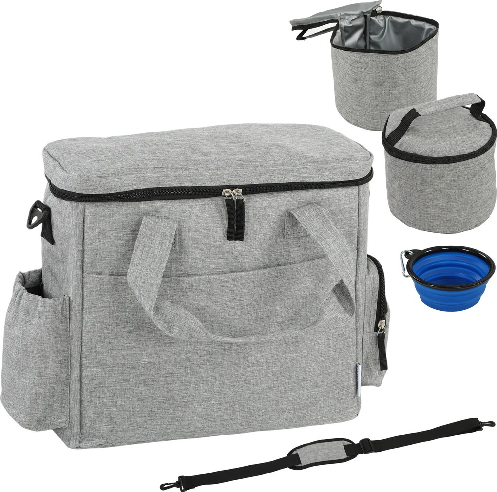 PawHut Bolsa de Viagem para Cães Bolsa de Recompensas com 2 Recipientes de Ração e Tigela Dobrável Bolsos Cinzento Claro | Aosom Portugal