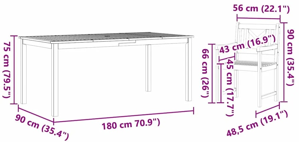 Conjunto de Jantar para Jardim 9 pcs Castanho 180 x 90 x 75 cm