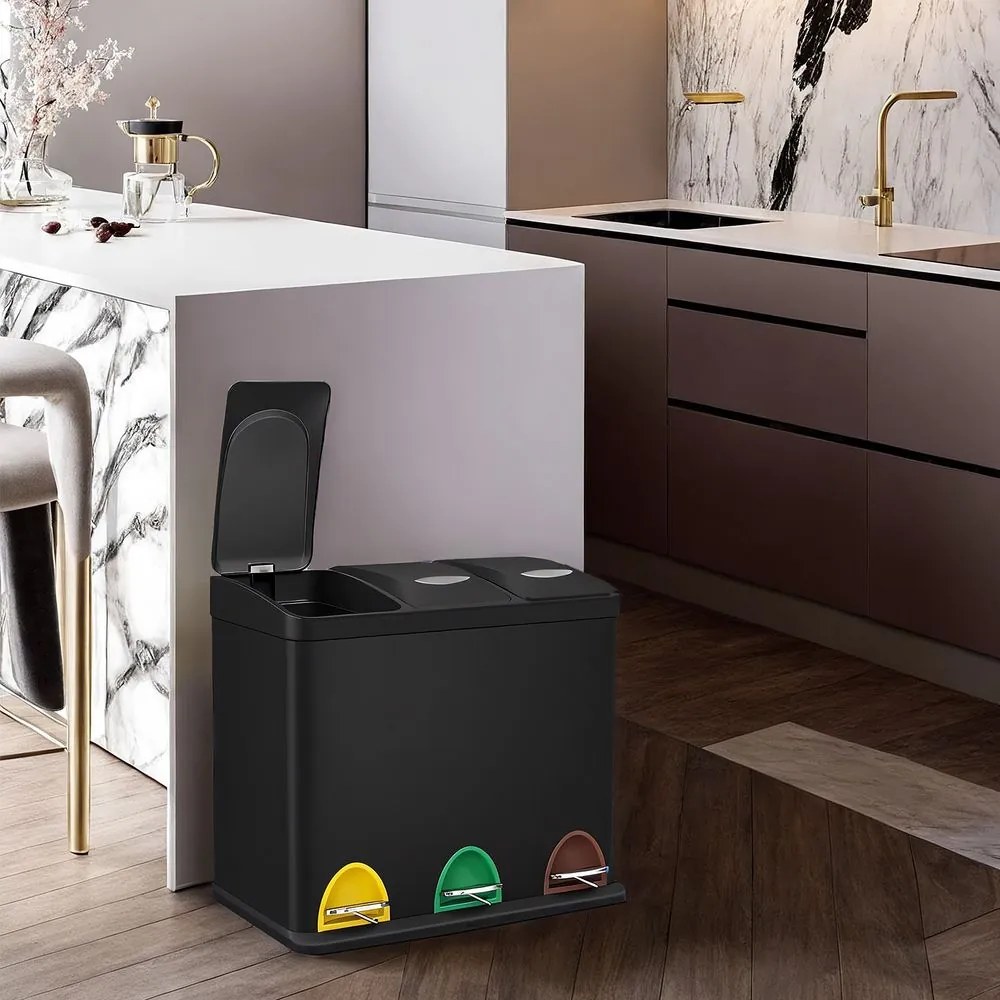 Caixote do lixo para cozinha 3 compartimentos x 8 L, 47 x 28,3 x 39,5 cm preto