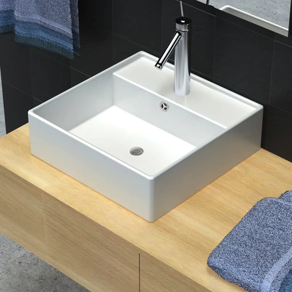 140684 vidaXL Lavatório cerâmica quadrado luxuoso, furo descarga e torneira 41x41cm