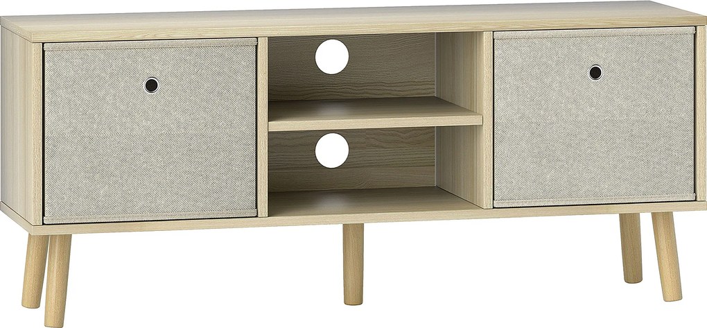 HOMCOM Móvel de TV para Televisores de até 50 Polegadas com 2 Gavetas de Tecido 2 Prateleiras Abertas 110x29x46,5 cm Madeira Clara e Bege | Aosom Portugal