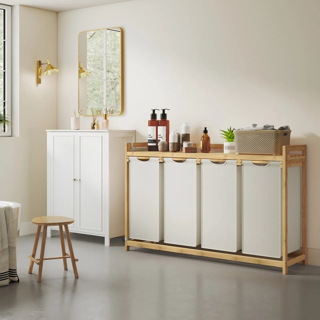 Cesto da roupa suja com 4 compartimentos, bambu 200 L, 124,6 x 33 x 78 cm branco