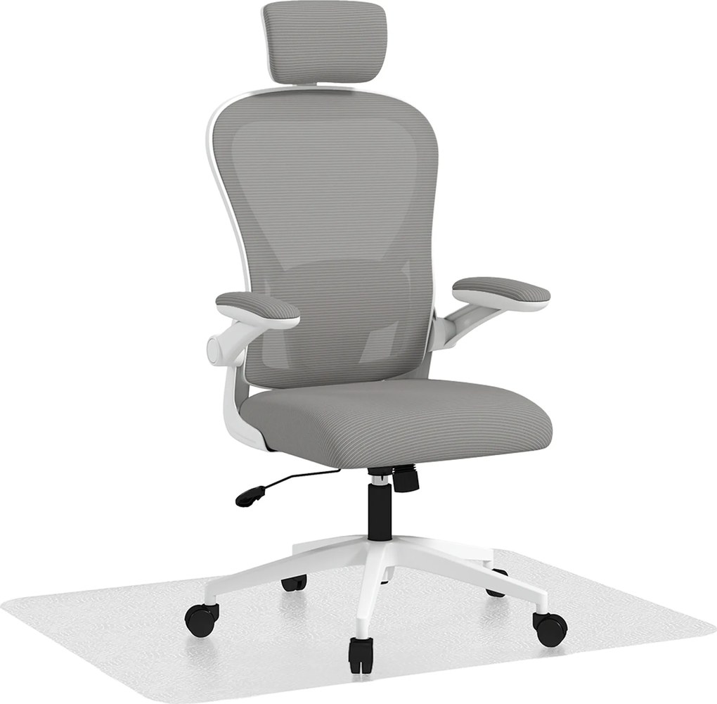 HOMCOM HConjunto de Cadeira de Escritório com Altura Ajustável Apoio de Cabeça e Suporte Lombar Ajustáveis Cinzento e 1 Tapete Protetor 90x120 cm Transparente | Aosom Portugal