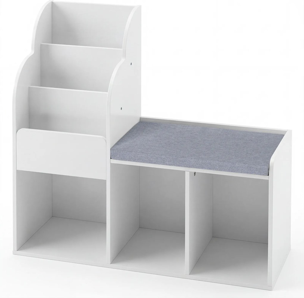 Estante infantil com banco de 3 níveis 80 x 29,5 x 81,5 cm, 3 compartimentos abertos e almofada de assento para quarto ou sala de jogos - Branco
