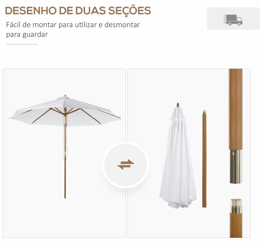Outsunny Chapéu de Sol de Madeira Ø300x250cm com Altura Ajustável em 3 Níveis para Jardim Terraço Piscina Cafeteria Branco Marfim