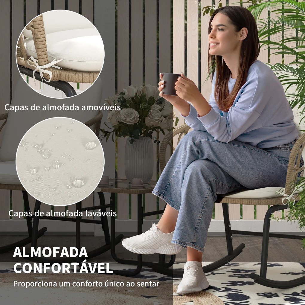 Conjunto de Móveis jardim de Vime de 3 Peças com 2 Cadeiras de Baloiço 1 Mesa de Centro e Almofadas Creme e Bege